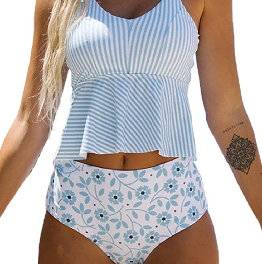 Beachsissi Women's Bathing Suit Tie Shoulder Stripe Print Cute Tankini Set- XL